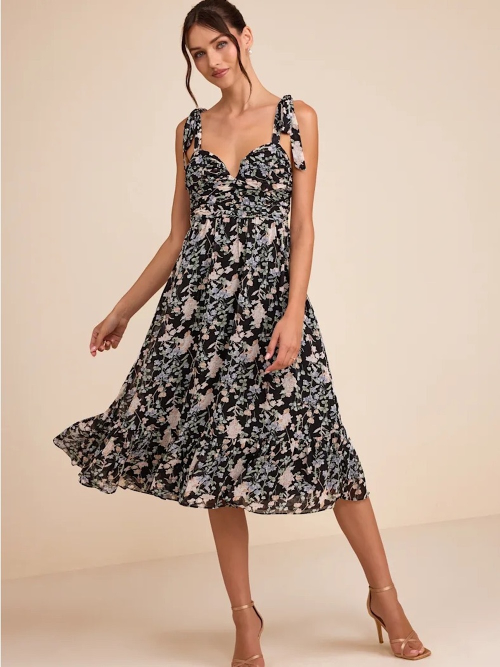 Lulu’s Lush Loveliness Black Floral Lurex Tie-Strap Midi Dress